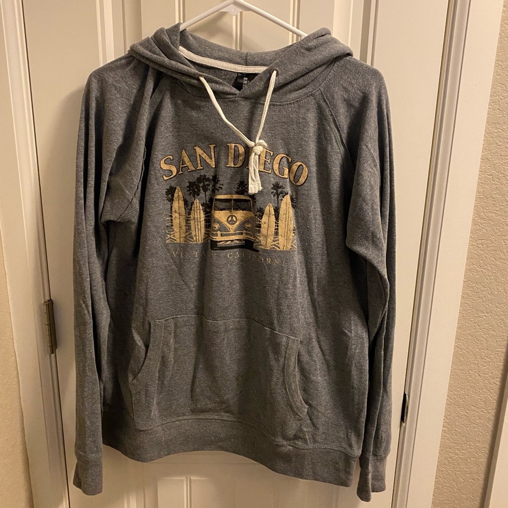 Ocean Beach L Hoodie Top San Diego Gray Large VW Van Surf shirt Lg Hooded Pullov